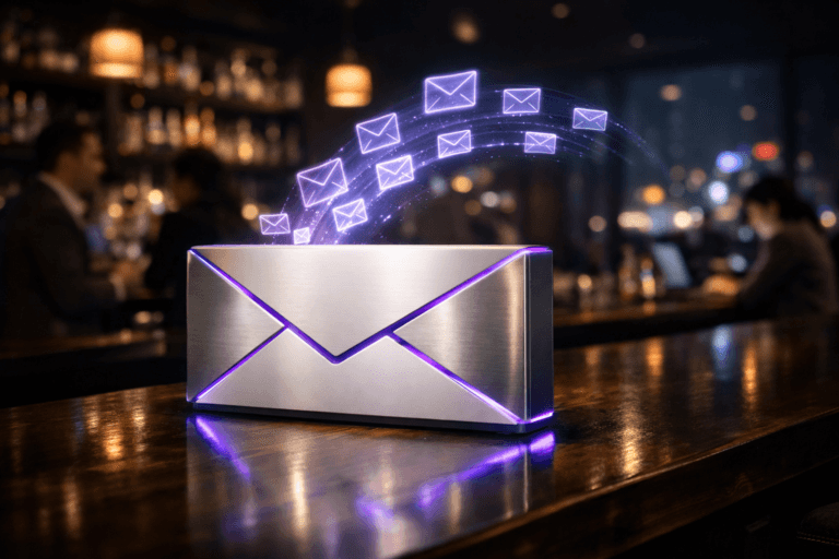 A photorealistic medium-wide cinematic shot, camera positioned approximately 1–2 meters from the subject, capturing a large, sleek, physical envelope-shaped light sculpture resting on a polished dark wooden bar counter, the envelope made of matte white and brushed metal surfaces with subtle electric-purple #7B63FF edge lighting, emitting delicate arcs of smaller semi-transparent envelope icons above it as realistic light projections, like data streams visualizing high-ROI email marketing campaigns, all clearly readable within a realistic environment. The object integrates subtle electric-purple accents indicating intelligence or activity without overpowering realism. Set in a dimly lit upscale tech‑noir cocktail bar at night, with the polished dark wooden bar stretching into the background, soft bokeh of liquor bottles and glassware on dark shelves, distant neon city lights and bar screens reflecting off the counter, and a few diverse professionals in smart‑casual attire conversing quietly or working on laptops at nearby stools in the periphery. Lighting is low-key and practical, coming from warm bar pendant lamps, faint screen glow, and a soft integrated white spotlight from above and slightly to the side of the envelope sculpture, gently revealing form, texture, and depth while casting realistic reflections on the wood. Cinematic realism, natural shallow-to-medium depth of field, 35mm lens look, neutral corporate color palette with restrained electric-purple neon accents, premium materials, ultra-detailed, 8K, no captions, no text overlays, no watermarks.