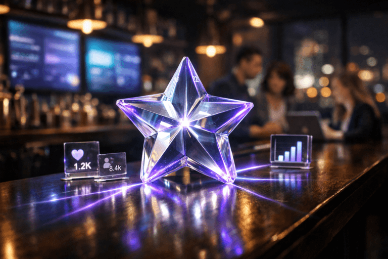 A photorealistic medium-wide cinematic shot, camera positioned approximately 1–2 meters from the subject, capturing a sleek star-shaped glass sculpture sitting on a polished dark wooden bar counter, its faceted 3D form rendered with subtle isometric geometry and softly glowing from within, delicate beams of light extending across the surface toward small acrylic tiles and digital devices that hint at social media metrics and influencer campaign performance, clearly readable within a realistic environment. The object integrates subtle electric-purple (#7B63FF) accents pulsing along its edges and through the light rays to indicate intelligence, data and activity without overpowering realism. Set in a contemporary tech-noir lounge bar at night, with the dark wood bar stretching into the background, shelves and softly blurred screens behind the counter showing abstract, text-free social feeds and analytics dashboards, and city lights visible through a large window, with a diverse group of marketing professionals in smart-casual attire gathered in the background and periphery, casually discussing and glancing at laptops and tablets on the bar. Lighting is low-key and practical, coming from warm bar pendants, the cool glow of nearby screens and a soft integrated white spotlight from above and slightly to the side, gently revealing the star sculpture’s glass texture, reflections and depth on the dark wood surface. Cinematic realism, natural shallow-to-medium depth of field, premium materials, ultra-detailed, clean composition, no captions, no text overlays, no watermarks, 8K.