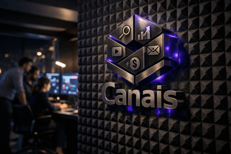 A photorealistic medium-wide cinematic shot, camera positioned approximately 1–2 meters from the subject, capturing a solid 3D isometric “Canais” logo sculpture in brushed dark metal and smoked glass, logo text clearly readable, mounted slightly off a dark gray egg-crate acoustic-foam wall, with subtle etched iconography suggesting SEO, social media, e-mail, PPC and video channels integrated into its facets. The object integrates subtle electric-purple #7B63FF edge lighting and inner reflections indicating intelligence or activity without overpowering realism. Set in a modern tech-noir marketing command studio with dark egg-crate acoustic-foam walls, a sleek black workstation and multiple large monitors showing abstract, de-focused data visualizations and dashboards (no legible text), faint city lights visible through a distant window and restrained neon accents. Natural human presence in the background and periphery: a small, diverse group of marketing professionals in smart-casual attire collaborating around the workstation, softly out of focus and secondary to the logo. Lighting is low-key and practical, coming from the monitors, a desk lamp and a narrow LED strip, complemented by a soft integrated white spotlight from above, gently revealing the form, texture and depth of the Canais logo sculpture and acoustic foam. Cinematic realism, 35mm lens look, natural depth of field, neutral corporate color palette with restrained electric-purple accents, premium materials, ultra-detailed, 8K, no captions, no extra text overlays, no watermarks.