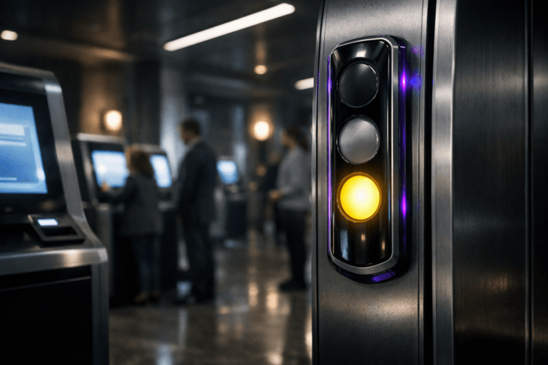 A photorealistic medium-wide cinematic shot, camera positioned approximately 1–2 meters from the subject, capturing a sleek glass-and-metal smart traffic-light device mounted on the side of a modern self-service voting and check-in kiosk, its stacked circular indicators subtly visualizing staggered user rollout with only the canary tier actively glowing, clearly readable within a realistic environment. The object integrates subtle electric-purple accents indicating intelligence or activity without overpowering realism. Set in a dimly lit corridor of futuristic self-service kiosks inside a corporate lobby or civic tech center at night, with cool neutral architectural tones, polished floors reflecting soft screen glow, and a few diverse professionals in business-casual attire using neighboring kiosks and waiting in line in the background, softly out of focus, creating a grounded Tech-Noir atmosphere. Lighting is low-key and practical, coming from the kiosk screens, overhead linear fixtures, and a few distant wall sconces, complemented by a soft integrated white spotlight from above and slightly to the side, gently revealing form, texture, and depth on the hero device and kiosk. Cinematic realism, natural depth of field, premium materials, ultra-detailed, 8K, no captions, no text overlays, no watermarks.