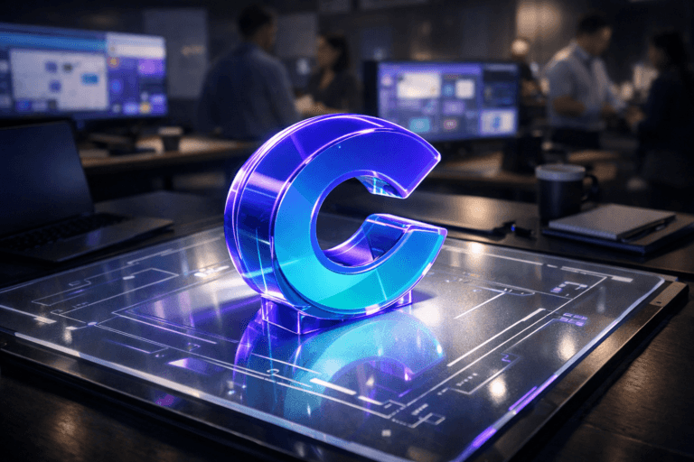 A photorealistic medium-wide cinematic shot, camera positioned approximately 1–2 meters from the subject, capturing a solid 3D acrylic sculpture of the official Canva logo in isometric perspective resting on a glass-topped illuminated drawing light table, the logo crisp and clearly readable, with subtle UI-inspired geometric engravings and interface-like lines etched into the glowing surface around it. The object integrates subtle electric-purple (#7B63FF) accents indicating intelligence or activity without overpowering realism, seen as a faint neon edge glow along the logo contours and discreet reflections of purple light across the glass table and nearby devices. Set in a dimly lit modern digital marketing war-room office at night, with multiple ultra-wide monitors and laptops in the background softly displaying blurred Canva dashboards, analytics charts, whiteboards and campaign previews, scattered notebooks, pens and coffee cups on adjacent desks, and a diverse group of professionals in smart-casual attire collaborating in the periphery, slightly out of focus. Lighting is low-key and practical, coming from the glowing light table, the cool screens and a few overhead office fixtures, complemented by a soft integrated white spotlight from the side that gently sculpts the Canva logo, revealing form, texture, and depth while leaving the background in moody contrast. Cinematic realism, natural depth of field, premium materials, ultra-detailed, 8K, no captions, no text overlays, no watermarks.