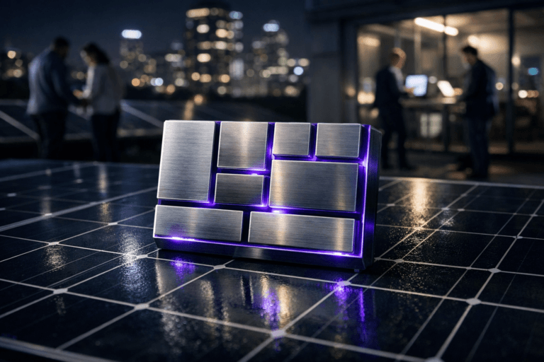 A photorealistic medium-wide cinematic shot, camera positioned approximately 1–2 meters from the subject, capturing a solid 3D isometric Business Model Canvas emblem as the hero object — a sleek acrylic and brushed-metal logo composed of nine slightly raised rectangular blocks arranged in a grid, resting realistically on a dark blue photovoltaic solar panel with precise silver grid lines, the structure, colors and segmentation of the emblem clearly readable within a real-world scene. The object integrates subtle electric-purple (#7B63FF) accents along its edges and in faint internal glow between the blocks, suggesting intelligence and data activity without overpowering the natural materials or realism. Set in a tech-noir corporate rooftop solar installation at night, overlooking a contemporary city skyline with cool blue and neutral office lights; around the solar array, in the softly blurred background, a small diverse group of professionals in modern business-casual clothing stand and move naturally, some inspecting the panels, others reviewing dashboards on tablets and laptops near a glass-walled control room, adding believable human presence without distracting from the hero object. Lighting is low-key and practical, coming from nearby office windows, distant city lights, and subtle reflections from device screens, complemented by a soft integrated white spotlight from the side that gently highlights the Business Model Canvas emblem and the texture of the solar panel surface, revealing fine reflections, metal edges and glass details, with natural shallow-to-medium depth of field separating foreground and background. Cinematic realism, neutral corporate palette with restrained neon purple and cool blue accents, premium materials, ultra-detailed, 8K, no text, no UI screens with readable words, no watermarks.