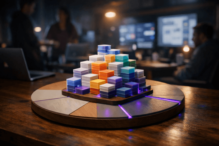 A photorealistic medium-wide cinematic shot, camera positioned approximately 1–2 meters from the subject, capturing a stylized physical desk sculpture representing card sorting: a multi-layered grid of small, colorful acrylic tiles arranged in a precise, isometric-inspired stack, each tile like a UX card, rising from the center of a large circular wooden pie-chart disk resting on the table, the disk divided into painted segments in muted neutral tones with subtle electric-purple #7B63FF accents, clearly readable within a realistic environment. The object integrates subtle electric-purple accents indicating intelligence or activity without overpowering realism. Set in a dim, modern UX research workspace at night, with a real wooden table, softly blurred laptops and large monitors in the background showing out-of-focus interface layouts and data visualizations, and a diverse group of UX and product professionals faintly visible in the periphery, standing and seated, naturally interacting around the workspace, contributing to a grounded tech-noir atmosphere. Lighting is low-key and practical, coming from desk lamps, laptop screens, and a distant window glow, complemented by a soft integrated white spotlight from above or the side, gently revealing the sculpture’s form, texture, and depth on the wooden pie chart and tabletop. Cinematic realism, natural shallow-to-medium depth of field, premium materials, subtle neon reflections, ultra-detailed, 8K, no text, no captions, no watermarks.