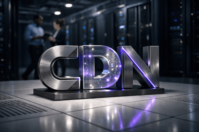 A photorealistic medium-wide cinematic shot, camera positioned approximately 1–2 meters from the subject, capturing a solid 3D isometric sculpture of the CDN brand logo placed on a pristine white raised technical floor with perforated cooling tiles for cooling, the logo formed from premium brushed metal and translucent glass panels with tiny illuminated node points and subtle etched circuitry patterns, clearly readable and centered as the hero object within a realistic environment. The object integrates subtle electric-purple #7B63FF accents running as fine light traces and edge glows indicating intelligence or network activity without overpowering realism. Set in a high-end data center aisle at night, with rows of dark server racks receding into the background, cable trays and cooling ducts overhead, cool neutral corporate tones and restrained neon reflections creating a refined tech-noir atmosphere, with a couple of diverse engineers in smart-casual attire softly out of focus in the background walking between racks and checking tablets. Lighting is low-key and practical, coming from overhead data center fixtures, server rack LEDs and floor reflections, complemented by a soft integrated white spotlight from above and slightly to the side, gently revealing form, texture, and depth of the logo sculpture and the raised floor. Cinematic realism, natural shallow-to-medium depth of field, 35mm lens look, premium materials, ultra-detailed, 8K, no text, no captions, no watermarks.