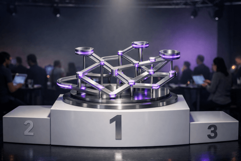 A photorealistic medium-wide cinematic shot, camera positioned approximately 1–2 meters from the subject, capturing a sleek real-world hero object: a premium glass-and-brushed-metal 3D sculpture that represents UX usage scenarios, shaped like an isometric metro-map network of intersecting paths and elevated nodes, mounted on the center step of a glossy white 1st–2nd–3rd place awards podium. The paths and nodes of the sculpture integrate subtle electric-purple #7B63FF accents along their edges, with soft internal LED-like illumination indicating intelligence and activity without overpowering realism. Set in a contemporary Tech-Noir conference stage inside a large auditorium, with a minimal gradient backdrop wall in muted charcoal and slate tones gently fading into soft purple, stage trusses and cables barely visible, and blurred silhouettes of diverse UX and product professionals in the background and periphery, casually standing or seated with laptops and tablets on high tables. Lighting is low-key and practical, coming from stage spotlights, floor LEDs, and the glow of nearby screens, complemented by a soft integrated white spotlight from above that gently reveals the form, texture, and depth of the sculpture and the white podium. Cinematic realism, 35mm lens look, natural shallow-to-medium depth of field keeping the sculpture and podium razor sharp while the audience and environment fall softly out of focus, neutral corporate color palette with restrained neon purple accents, premium materials, ultra-detailed, 8K, no captions, no text overlays, no watermarks.