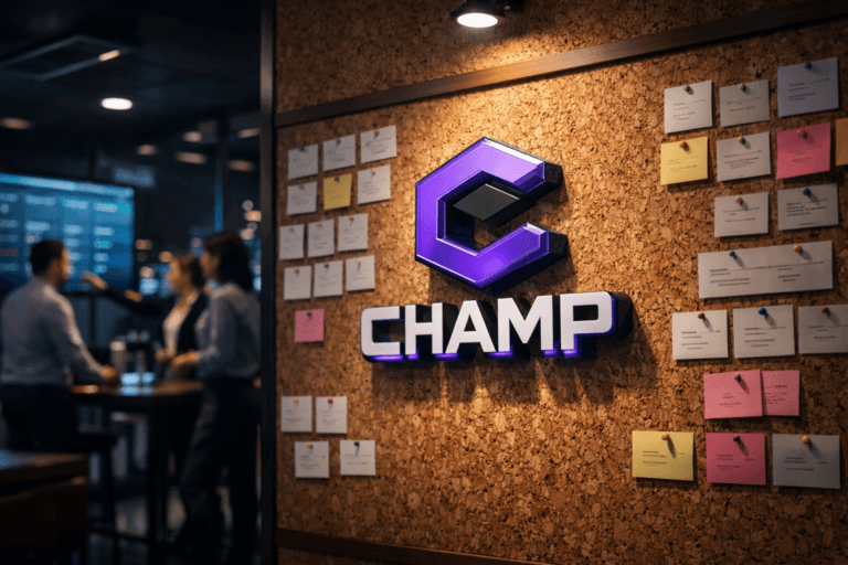A photorealistic medium-wide cinematic shot, camera positioned approximately 1–2 meters from the subject, capturing a three-dimensional acrylic CHAMP brand logo rendered in a clean isometric style, mounted slightly off the surface of a large natural textured cork wall, the logo edges featuring subtle electric-purple (#7B63FF) accents that suggest intelligent activity while remaining understated, with the CHAMP wordmark clearly visible as part of the logo design within a realistic environment. The cork wall functions as a physical Kanban-style sales board, covered with orderly rows of pinned cards and sticky notes featuring abstract, unreadable markings, surrounded by slim-bezel wall-mounted monitors displaying softly glowing CRM dashboards and pipeline visuals. Set in a modern glass-walled B2B sales war room at night inside a contemporary corporate office, city lights and distant traffic bokeh visible through the windows, with a diverse group of sales professionals in business-casual attire in the midground and background, standing and collaborating around a central high table, gesturing naturally toward the board and screens while remaining softly out of focus so the CHAMP logo and cork wall stay as the primary focal point. Lighting is low-key and practical, coming from overhead recessed fixtures, the glow of multiple monitors, and a soft integrated white spotlight from above and slightly to the side of the CHAMP logo, gently revealing the rich texture of the cork, the depth of the 3D letters, and the premium finishes of nearby furniture and devices. Subtle tech-noir atmosphere with restrained neon accents in electric purple and cool teal reflected in glass surfaces and screen edges, balanced by neutral corporate tones in the room’s materials. Cinematic realism, natural shallow-to-medium depth of field, 35mm lens look, ultra-detailed, premium materials, 8K, no captions, no extra text overlays beyond the CHAMP logo itself, no watermarks.