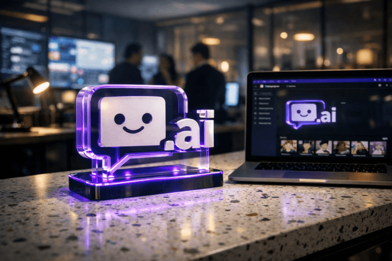 A photorealistic medium-wide cinematic shot, camera positioned approximately 1–2 meters from the subject, capturing a solid 3D isometric acrylic desk sculpture of the official Character.AI logo resting on a white terrazzo (granilite) surface with colorful stone chips, the logo precisely rendered and clearly readable, also repeated more subtly on a nearby laptop screen running the Character.AI interface, all integrated naturally within a realistic workspace. The object integrates subtle electric-purple (#7B63FF) edge-lighting and accents along its contours and base, suggesting intelligence and activity without overpowering realism. Set in a modern late-evening marketing and CRM operations control room, a Tech-Noir corporate office with multiple softly glowing monitors showing blurred dashboards, assistant tiles and workflow diagrams, glass partitions, and premium minimalist furniture, with a diverse team of marketing professionals collaborating in the background, slightly out of focus. Lighting is low-key and practical, coming from computer screens, a desk lamp and distant ceiling fixtures, complemented by a soft integrated white spotlight from the side that gently reveals the form, texture and depth of the Character.AI logo sculpture and terrazzo surface. Cinematic realism, 35mm lens look, natural shallow-to-medium depth of field, neutral corporate color palette with restrained neon purple and cool blue accents, subtle reflections on glass and polished materials, ultra-detailed, 8K, no captions, no text overlays in the scene, no watermarks.