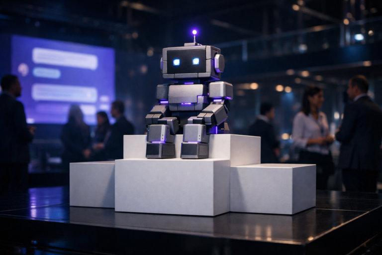 A photorealistic medium-wide cinematic shot, camera positioned approximately 1–2 meters from the subject, capturing a real-world desktop-sized modular conversational robot sculpture built from interlocking matte blocks in neutral greys and soft metallic tones, with a small glowing antenna tip and subtle electric-purple #7B63FF light seams, placed proudly on the highest step of a clean white awards podium that subtly suggests first, second and third place without visible numbers or text, clearly readable within a realistic environment. The object integrates subtle electric-purple accents indicating intelligence or activity without overpowering realism. Set in a dimly lit modern corporate awards stage in a Brazilian tech conference center, featuring the white podium on a slightly elevated platform, large softly defocused LED screens in the background hinting at chat interfaces and message bubbles, glass-and-metal architecture, reflections on a polished dark floor, and diverse professionals in business-casual attire standing and conversing in the background and periphery, their faces softly lit yet slightly out of focus to keep the robot as the hero object, all bathed in restrained electric-purple and cool cyan tech-noir accent lighting. Lighting is low-key and practical, complemented by a soft integrated white spotlight from above and slightly to the side, gently revealing form, texture, and depth of the robot and podium while keeping the environment moody. Cinematic realism, natural depth of field, premium materials, ultra-detailed, 8K, no text overlays, no watermarks.