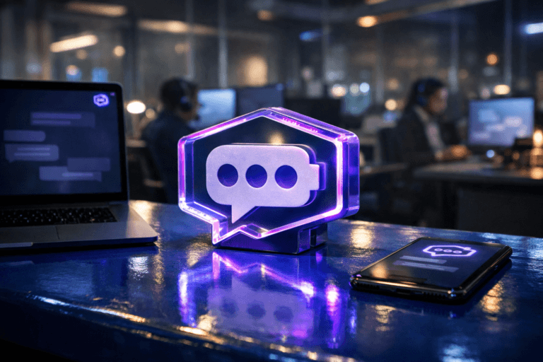 A photorealistic medium-wide cinematic shot, camera positioned approximately 1–2 meters from the subject, capturing a physical 3D isometric acrylic sculpture of the Chatbots brand logo as the hero object, resting solidly on a glossy cobalt-blue glazed ceramic desk surface, the logo clearly readable and also subtly repeated as a small icon on nearby laptop and smartphone screens showing abstract chat interfaces with no legible text, all within a realistic modern office environment. The object integrates subtle electric-purple (#7B63FF) edge lighting and internal glow accents indicating intelligence or activity without overpowering realism. Set in a Tech-Noir inspired late-night customer support floor of a medium-sized tech company, with glass partitions, neutral charcoal and soft gray furnishings, distant workstations and diverse professionals slightly out of focus in the background handling multiple channels (desktops, headsets, phones), hints of city lights and soft neon reflections outside the windows, and UI glow reflecting off the cobalt ceramic surface. Lighting is low-key and practical, coming from desk lamps, monitor glow and ambient ceiling fixtures, complemented by a soft integrated white spotlight from above and slightly to the side, gently revealing the form, texture and depth of the 3D logo sculpture and the ceramic surface, with natural shadows and subtle reflections. Cinematic realism, natural depth of field, premium materials, ultra-detailed, 8K, no captions, no text overlays, no watermarks.