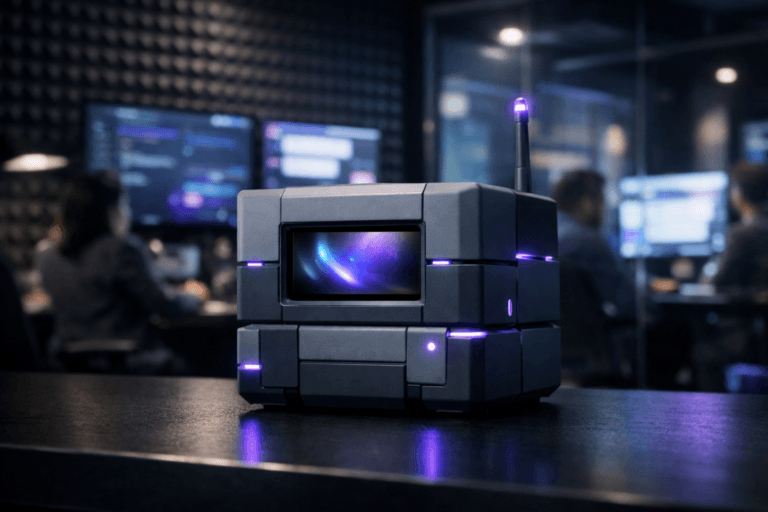A photorealistic medium-wide cinematic shot, camera positioned approximately 1–2 meters from the subject, capturing a compact, stylized conversational robot device built from interlocking matte modular blocks in muted corporate colors, with a refined physical design as the embodiment of an AI marketing chatbot control hub, featuring a small recessed screen with soft abstract light patterns and a discreet pulsating antenna, resting on a sleek dark desk, clearly readable within a realistic environment. The object integrates subtle electric-purple #7B63FF accents indicating intelligence or activity without overpowering realism, softly glowing along seams between modules and on tiny indicator lights. Set in a dimly lit, modern marketing operations command room with dark gray egg-crate acoustic foam wall panels, large wall-mounted screens and glass partitions casting cool blue and electric-purple reflections, and a few diverse marketing professionals blurred in the background at their workstations, collaborating around illuminated dashboards and chat windows. Lighting is low-key and practical, coming from monitors, desk lamps, and a few overhead fixtures, complemented by a soft integrated white spotlight from above and slightly to the side, gently revealing the robot’s form, texture, and depth against the textured acoustic wall. Cinematic realism, natural shallow-to-medium depth of field, 35mm lens look, premium materials, subtle Tech-Noir neon accents, ultra-detailed, 8K, no text, no captions, no watermarks, no floating logos.