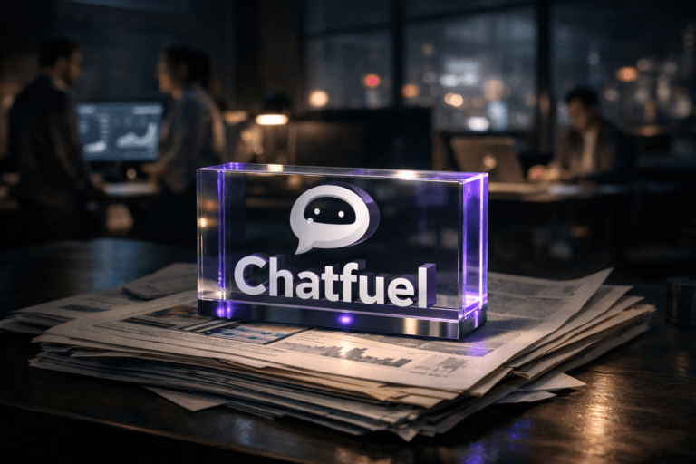 A photorealistic medium-wide cinematic shot, camera positioned approximately 1–2 meters from the subject, capturing a solid acrylic desktop block featuring the official Chatfuel logo in a clean 3D isometric design, resting neatly on top of a stacked pile of printed financial newspapers and detailed marketing performance reports on a contemporary office desk, the Chatfuel logo clearly readable and treated as a premium physical object. The object integrates subtle electric-purple (#7B63FF) accents as internal reflections and edge lighting, suggesting intelligent automation and activity without overpowering realism. Set in a dimly lit, real-world Tech-Noir marketing operations office at night, with large monitors in the background showing softly blurred analytics dashboards, a distant glass window revealing a moody city skyline with faint neon reflections, and a small, diverse group of marketing professionals in business-casual attire collaborating around nearby workstations, naturally present and slightly out of focus at the periphery. Lighting is low-key and practical, coming from desk lamps, monitor glow, and city light spill, complemented by a soft integrated white spotlight from above and slightly to the side of the Chatfuel logo block, gently revealing the glassy texture, printed paper details, and desk materials with rich contrast and depth. Cinematic realism, natural shallow-to-medium depth of field, neutral corporate color palette with restrained electric-purple neon accents, premium materials, ultra-detailed, 8K, no captions, no overlaid text, no watermarks.