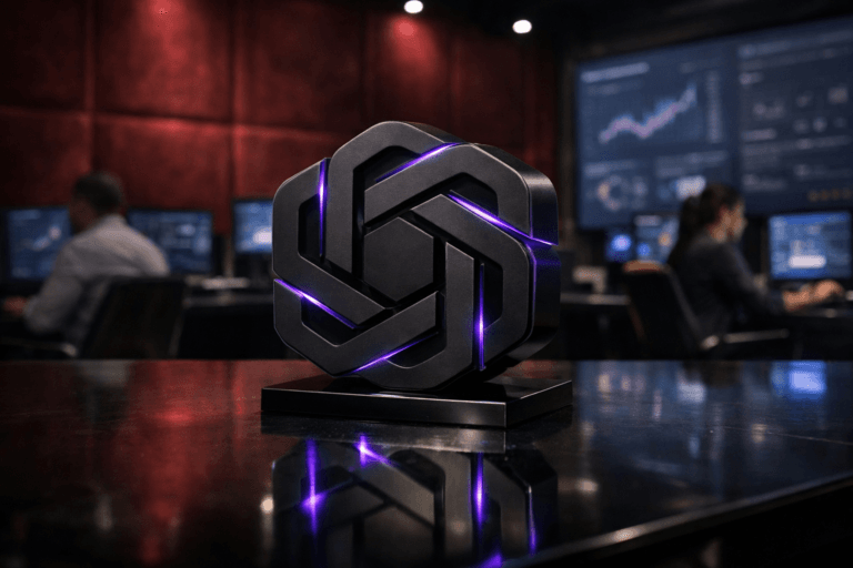 A photorealistic medium-wide cinematic shot, camera positioned approximately 1–2 meters from the subject, capturing a physical 3D isometric sculpture of the official ChatGPT logo, crafted in matte black metal with subtle glossy edges, standing on a sleek dark glass desk, the ChatGPT emblem clearly visible and crisply readable on its front face with a soft reflection on the glass surface, as the central hero object within a realistic environment. The object integrates subtle electric-purple accents indicating intelligence or activity without overpowering realism, with a faint electric-purple edge glow along the contours of the logo and minimal light traces running through its facets. Set in a dimly lit high-end corporate AI operations war room at night, with deep red velvet wall panels behind the desk echoing a luxurious studio backdrop, large wall-mounted screens showing softly blurred analytics dashboards, and a diverse group of professionals in business-casual attire collaborating at adjacent workstations in the background, illuminated by monitors and restrained neon accents for a Tech-Noir corporate atmosphere. Lighting is low-key and practical, coming from computer screens, desk lamps and a few overhead fixtures, complemented by a soft integrated white spotlight from above and slightly to the side, gently revealing the form, texture and depth of the ChatGPT logo sculpture, the velvet backdrop and the glass surface. Cinematic realism, natural depth of field, premium materials, ultra-detailed, 8K, no text overlays, no captions, no watermarks.