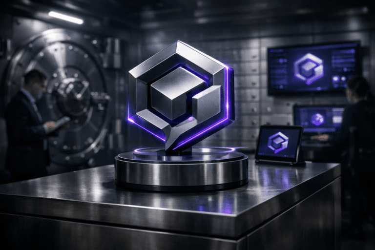 A photorealistic medium-wide cinematic shot, camera positioned approximately 1–2 meters from the subject, capturing a three-dimensional isometric ChatOps logo sculpture as the hero object — a sleek, metallic, beveled geometric mark with soft electric-purple (#7B63FF) edge lighting and subtle animated light trails — mounted on a low, premium metal pedestal in the center of a high-security bank vault, with the same ChatOps logo subtly repeated on a nearby tablet and wall screen interface. The object integrates subtle electric-purple accents indicating intelligence or activity without overpowering realism. Set in a real-world Tech-Noir environment inside a bank vault with thick brushed stainless-steel walls, heavy circular vault door, rows of safety deposit boxes, and discreet server racks and monitors embedded into the architecture; a diverse group of IT and security professionals in the background and periphery review data on tablets and wall displays, softly out of focus, reinforcing the sense of operational control. Lighting is low-key and practical, mixing cool overhead strip lights, the glow of screens, and a soft integrated white spotlight from above and slightly to the side of the logo sculpture, gently revealing form, texture, and depth, with reflections playing across the steel surfaces and a restrained neon palette of neutral greys, deep shadows, and subtle electric-purple accents. Cinematic realism, natural shallow-to-medium depth of field, premium materials, ultra-detailed, 8K, no captions, no text overlays, no watermarks.