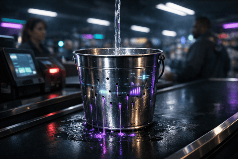 A photorealistic medium-wide cinematic shot, camera positioned approximately 1–2 meters from the subject, capturing a slightly worn stainless-steel bucket on a black supermarket checkout conveyor belt, the bucket visibly perforated with several small holes leaking a thin stream of gently glowing, electric-purple–tinted water onto the belt while a steady stream of clear water pours in from above, the metal surface reflecting subtle charts and interface-like light patterns to suggest data and Churn Rate, clearly readable as the hero object within a realistic environment. The object integrates subtle electric-purple accents indicating intelligence or activity without overpowering realism. Set in a late-night Tech-Noir supermarket checkout environment, with a modern POS terminal, barcode scanner glow, and shelves and product aisles receding into cool shadow, hinted neon and LED accents in purple and cyan along fixtures and overhead panels, and a softly out-of-focus cashier and diverse customer at the edge of the frame providing natural human presence without stealing focus. Lighting is low-key and practical, coming from overhead store fluorescents, screen light from the POS, and a soft integrated white spotlight from above and slightly to the side of the bucket, gently revealing the texture of the brushed metal, the ripples of the leaking water, and reflections on the black rubber conveyor surface. Cinematic realism, natural shallow-to-medium depth of field, premium materials, subtle reflections, ultra-detailed, 8K, no text, no captions, no watermarks.
