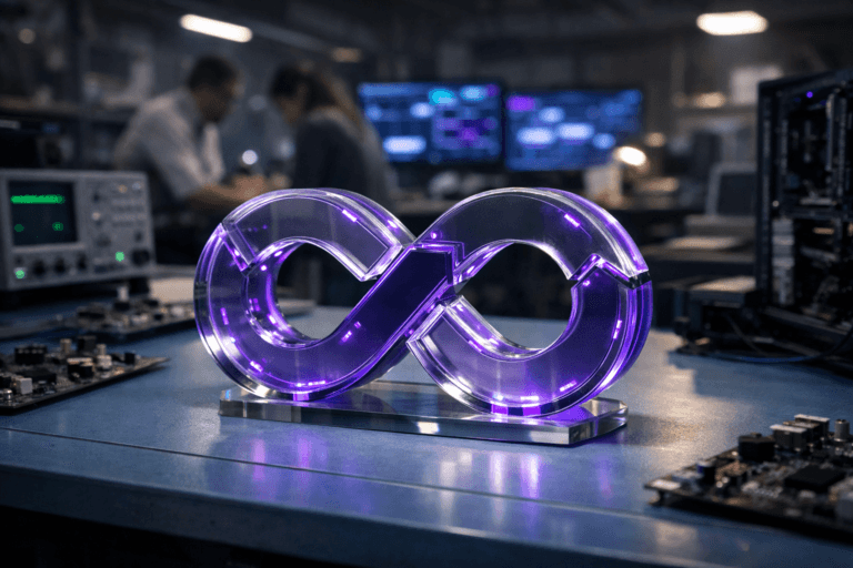 A photorealistic medium-wide cinematic shot, camera positioned approximately 1–2 meters from the subject, capturing a physical 3D acrylic desktop sculpture of a CI/CD loop logo, rendered in a subtly isometric form and resting on a light-blue anti-static hardware lab bench, the logo softly illuminated from within by restrained electric-purple #7B63FF accents and small embedded LED details, clearly readable within a realistic environment. The object integrates subtle electric-purple accents indicating intelligence or activity without overpowering realism. Set in a dimly lit hardware R&D lab with light-blue anti-static workbenches, scattered circuit boards and components, oscilloscopes, open computer cases and multiple monitors showing abstract system dashboards with no legible text, with a few diverse engineers in casual-professional attire blurred in the background, naturally collaborating around the workspace to reinforce scale and context. Lighting is low-key and practical, coming from overhead lab fixtures, monitor glow and a few task lamps, complemented by a soft integrated white spotlight from above and slightly to the side, gently revealing form, texture and depth of the CI/CD logo sculpture and the bench surface. Cinematic realism, subtle Tech-Noir mood with cool neutral tones and restrained neon purple reflections, natural depth of field, premium materials, ultra-detailed, 8K, no captions, no text overlays, no watermarks.