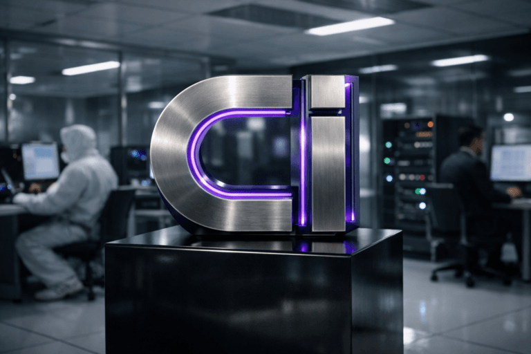 A photorealistic medium-wide cinematic shot, camera positioned approximately 1–2 meters from the subject, capturing a solid 3D isometric-style CI brand logo sculpture made of brushed metal and smoked glass, mounted on a sleek black pedestal, the CI logo clearly visible and sharply readable on its front face within a realistic environment. The object integrates subtle electric-purple (#7B63FF) accents indicating intelligence or activity without overpowering realism, with thin illuminated edge lines and a soft internal glow tracing the logo contours. Set in a high-end tech-noir sterile clean room laboratory, with glossy white floors, glass partitions, ceiling-mounted filtration panels, cool-toned equipment, discreet wall-mounted monitors and server racks casting faint reflections, and a few diverse engineers in clean-room suits and professional attire working at computer stations in the background, softly out of focus. Lighting is low-key and practical despite the clinical setting, coming from overhead white LED panels and ambient screen glow, complemented by a soft integrated white spotlight from above and slightly to the side of the CI logo, gently revealing form, texture, and depth while allowing the background to fall into gentle shadow. Cinematic realism, natural shallow-to-medium depth of field, premium materials, ultra-detailed, 8K, no captions, no text overlays, no watermarks.