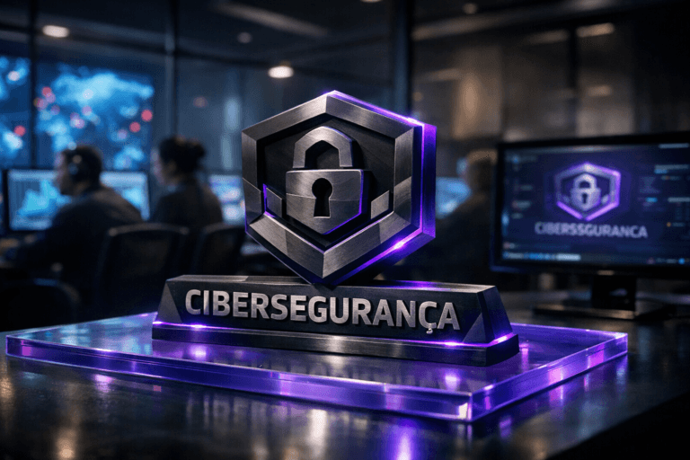 A photorealistic medium-wide cinematic shot, camera positioned approximately 1–2 meters from the subject, capturing a solid physical 3D “Cibersegurança” brand logo sculpture in the foreground, built in dark brushed metal with faceted, isometric-inspired geometry, resting on a translucent colored acrylic plastic surface. The official Cibersegurança logo is clearly visible on the sculpture and subtly mirrored on a nearby workstation monitor interface in the background, integrated naturally into the scene. The object integrates subtle electric-purple (#7B63FF) edge lighting and accents along its contours and base, suggesting intelligent cyber activity without overpowering the realistic materials or lighting. Set in a modern tech-noir cyber security operations center at night, with glass partitions, dark neutral walls, and multiple large screens in the background displaying abstract threat maps and dashboards (no readable text), while a small, diverse group of cybersecurity analysts work at their stations in soft focus, providing natural human presence without distracting from the hero logo. Lighting is low-key and practical, coming from monitors, dim overhead fixtures, and a soft integrated white spotlight from the upper side gently revealing the logo’s form, metallic texture, and reflections on the translucent acrylic surface, with subtle electric-purple and cool blue highlights echoing across the environment. Cinematic realism, natural depth of field, premium materials, ultra-detailed, 8K, no captions, no text overlays other than the Cibersegurança logo, no watermarks.