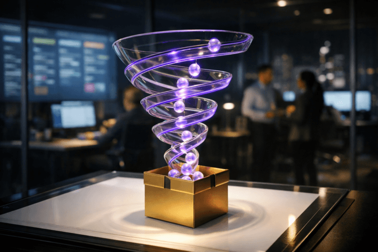 A photorealistic medium-wide cinematic shot, camera positioned approximately 1–2 meters from the subject, capturing a sleek real-world hero object: a translucent spiral glass funnel sculpture set on top of a glowing white drafting light table, with small luminous data-sphere orbs gracefully sliding down the spiral into a refined matte-gold gift-box-shaped container, clearly readable within a realistic environment and subtly symbolizing an optimized sales cycle powered by CRM and AI. The object integrates subtle electric-purple #7B63FF accents tracing along the spiral edges and softly pulsing within the orbs, indicating intelligence and real-time activity without overpowering realism. Set in a dimly lit modern sales operations office at night, a Tech-Noir CRM command center with floor-to-ceiling windows suggesting a futuristic city skyline, large wall-mounted screens softly displaying blurred kanban-style pipelines and analytics dashboards, glass partitions, and a few diverse, professionally dressed team members in soft focus collaborating around nearby workstations in the background or periphery. Lighting is low-key and practical, coming from the drafting light table, ambient monitor glow, and a few overhead fixtures, complemented by a soft integrated white spotlight from the side that gently reveals the form, texture, and depth of the spiral funnel, glowing spheres, and matte-gold box. Cinematic realism, 35mm lens look, natural shallow-to-medium depth of field, premium materials, ultra-detailed, 8K, neutral corporate tones with restrained neon reflections, no captions, no legible text, no watermarks.