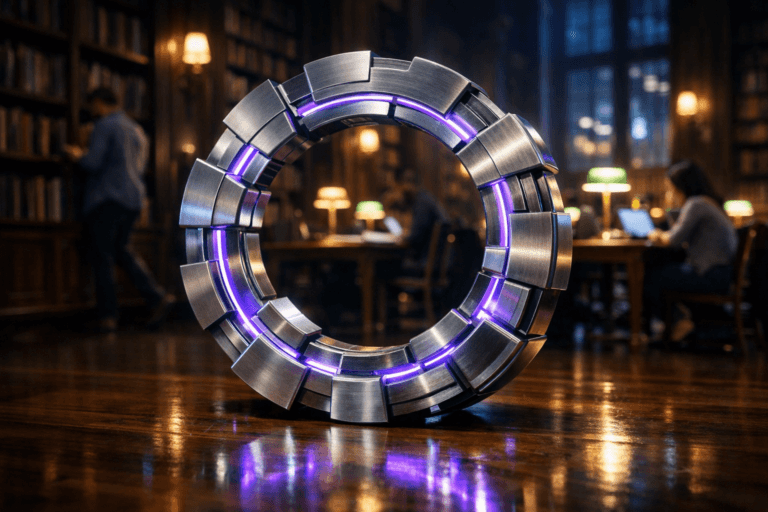 A photorealistic medium-wide cinematic shot, camera positioned approximately 1–2 meters from the subject, capturing a stylized real-world hero object on the polished wooden floor of a grand old library: a premium metal-and-glass circular gear sculpture representing the product development cycle, built from interlocking isometric-inspired segments arranged in a loop, each “tooth” like a distinct stage of the process, with clean beveled edges, brushed steel surfaces, and translucent glass inlays. Subtle electric-purple (#7B63FF) light traces run along the inner rim and between segments, pulsing softly to suggest intelligence, data flow, and continuous motion without overpowering realism. Set in a Tech-Noir reinterpretation of an old library environment: tall dark-wood bookshelves rising into shadow, warm desk lamps and wall sconces casting pockets of amber light, distant high windows revealing a hint of cool bluish city glow outside, with faint reflections of neon on the floor. In the background and periphery, a few diverse professionals in smart-casual attire move naturally between shelves or sit at long wooden tables with open laptops and tablets, slightly out of focus, reinforcing a modern, data-driven work atmosphere inside a historic space. Lighting is low-key and practical, combining the warm lamps of the library with a soft integrated white spotlight from the side, gently highlighting the sculpture’s metallic sheen, glass transparency, and fine engraved details, while leaving the far shelves in moody shadow. Cinematic realism, natural shallow-to-medium depth of field, premium materials, ultra-detailed surfaces, subtle reflections, no text or interface elements visible, no watermarks, 8K.