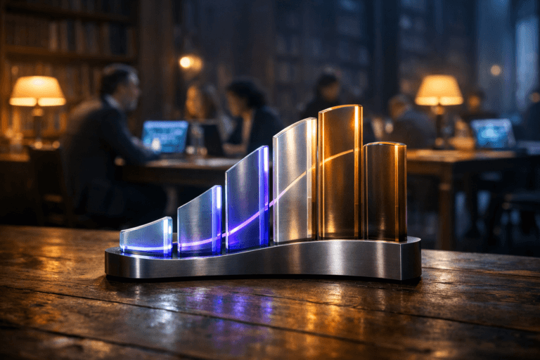 A photorealistic medium-wide cinematic shot, camera positioned approximately 1–2 meters from the subject, capturing a sleek real-world hero object: a physical S-curve sculpture representing the Product Life Cycle, made of premium brushed metal and translucent glass segments, each segment slightly different in height and color temperature to suggest the phases from introduction to decline. The sculpture stands directly on the worn wooden floor of an old library, its base solid and weighty, casting a soft, realistic shadow; subtle electric-purple (#7B63FF) light pulses gently through thin inlays and edges within the glass segments, indicating intelligence and data flow without overpowering the scene. Set in an atmospheric Tech-Noir library environment: towering dark-wood bookshelves fading into shadow, high ceilings, scattered warm desk lamps, and a long wooden reading table in the mid-background where a small, diverse group of professionals in modern business-casual quietly collaborate around open laptops and tablets showing faint, out-of-focus analytic dashboards. The overall mood blends historical academia with futuristic product management: cool bluish ambient light from laptop screens and a distant window mixes with warm tungsten lamps, while a soft integrated white spotlight from the side gently illuminates the S-curve sculpture, revealing fine texture, reflections, and depth. Cinematic realism, 35mm lens look, natural shallow-to-medium depth of field with the sculpture in sharp focus and people/bookshelves tastefully blurred, neutral corporate color palette with restrained neon electric-purple accents, ultra-detailed materials, no text or captions, no watermarks, 8K.