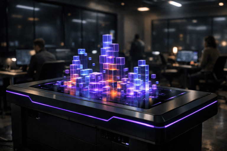 A photorealistic medium-wide cinematic shot, camera positioned approximately 1–2 meters from the subject with a 35mm lens look, capturing a sleek matte-black data command console in the center of a control room, featuring a precise holographic visualization of semi-transparent, multi-colored data cubes dynamically assembling into orderly geometric structures just above its surface, clearly readable within a realistic environment. The object integrates subtle electric-purple #7B63FF accents along the console edges and as fine luminous outlines on the cubes, indicating intelligence and activity without overpowering realism. Set in a dim, tech-noir marketing data control room, lined with large powered-down wall monitors that read as dark reflective glass panels with soft neon reflections, surrounded by minimalist workstations, office chairs, and cable-managed equipment, with a few diverse, realistically dressed marketing and data professionals in the background and periphery, working at their desks or quietly observing the central console, always secondary to the main object. Lighting is low-key and practical, coming from a few overhead fixtures and small desk lamps, enhanced by the gentle ambient glow of electronics, complemented by a soft integrated white spotlight from above and slightly to the side of the console, subtly revealing the form, texture, and depth of the holographic cubes and premium materials. Cinematic photographic realism with a shallow-to-medium natural depth of field, the console and cubes in crisp focus and the background softly blurred, neutral corporate palette of charcoals, grays, and deep blues with restrained electric-purple accents, premium finishes, ultra-detailed, 8K, no captions, no on-screen text, no watermarks.