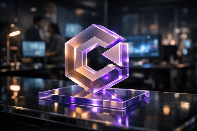 A photorealistic medium-wide cinematic shot, camera positioned approximately 1–2 meters from the subject, capturing a solid three-dimensional isometric desk sculpture of the official Claude logo, precision-milled from translucent colored acrylic and resting on a matching translucent acrylic surface, the logo clearly visible and sharply in focus within a realistic environment. The object integrates subtle electric-purple (#7B63FF) edge glows and internal light reflections indicating intelligence or activity without overpowering realism. Set in a dimly lit modern enterprise digital command center at night, with a sleek workstation of glass and acrylic, softly blurred ultra-wide monitors displaying abstract, unreadable analytics visuals, hints of a city skyline through distant windows, and a few diverse professionals collaborating in the background, partially out of focus, all contributing to a refined Tech-Noir atmosphere, with natural human presence in the background or periphery. Lighting is low-key and practical, coming from monitor glow, a desk lamp and distant window light, complemented by a soft integrated white spotlight from above and slightly to the side, gently revealing form, texture, and depth on the Claude logo sculpture and acrylic surface. Cinematic realism, natural shallow-to-medium depth of field, 35mm lens look, neutral corporate tones with restrained neon purple and teal accents, premium materials, ultra-detailed, 8K, no text, no UI overlays, no watermarks.