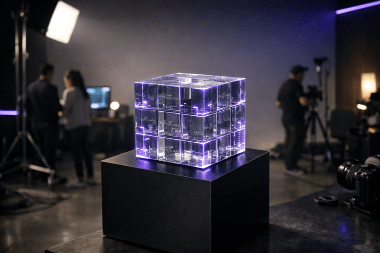 A photorealistic medium-wide cinematic shot, camera positioned approximately 1–2 meters from the subject, capturing a tangible desktop-sized sculptural object representing clean, organized code: a transparent glass cube made of perfectly aligned modular blocks, each block subtly etched with tiny, orderly code-like patterns, resting on a minimalist matte-black pedestal, its edges emitting a refined electric-purple #7B63FF glow that traces clean circuit-like lines, clearly readable within a realistic environment. The object integrates subtle electric-purple accents indicating intelligence or activity without overpowering realism. Set in a dim professional photography studio at night with a seamless colored cyclorama backdrop forming a soft gradient from neutral gray to deep navy, accented by understated electric-purple LED edge lights, polished concrete floor, scattered light stands, cables, and high-end cameras around the set, with natural human presence in the background or periphery: a small diverse group of developers and a photographer moving casually near softly glowing monitors and laptops, slightly out of focus, dressed in modern casual office wear. Lighting is low-key and practical, coming from studio softboxes, monitor screens, and a faint doorway glow, complemented by a soft integrated white spotlight from above and slightly to the side, gently revealing form, texture, and depth on the glass cube and pedestal. Cinematic realism, 35mm lens look, natural shallow-to-medium depth of field, neutral corporate color palette with restrained neon accents, premium materials, ultra-detailed, 8K, no text, no captions, no watermarks.
