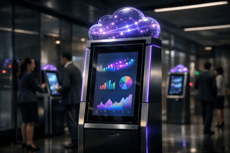A photorealistic medium-wide cinematic shot, camera positioned approximately 1–2 meters from the subject, capturing a sleek real-world self-service touchscreen kiosk that resembles a modern secure voting booth, its large vertical display showing an abstract real-time marketing analytics dashboard made of colorful graphs and charts without legible text, topped by a translucent glass cloud-shaped data module filled with softly glowing particles and flowing light trails that suggest cloud computing and connected customer data, clearly readable within a realistic environment. The object integrates subtle electric-purple #7B63FF accents along the kiosk edges, in the luminous particles inside the cloud module, and as faint reflections on nearby surfaces, indicating intelligence and activity without overpowering realism. Set in a dimly lit tech-noir corporate lobby that feels like a high-security voting and analytics station, with multiple kiosks arranged in a row, glass partitions, and distant LED indicators, with natural human presence in the background and periphery: a few diverse professionals in business attire moving through the space or interacting casually with other kiosks, slightly blurred by depth of field to keep the hero kiosk dominant. Lighting is low-key and practical, coming from kiosk screens, discreet ceiling strips, and a soft integrated white spotlight from above and slightly to the side of the hero kiosk, gently revealing form, texture, and depth on metal, glass, and screen surfaces. Cinematic realism, 35mm–50mm photographic look, natural shallow-to-medium depth of field, neutral corporate tones with restrained neon purple and cool teal accents, premium materials, ultra-detailed, 8K, no captions, no on-screen text, no watermarks.