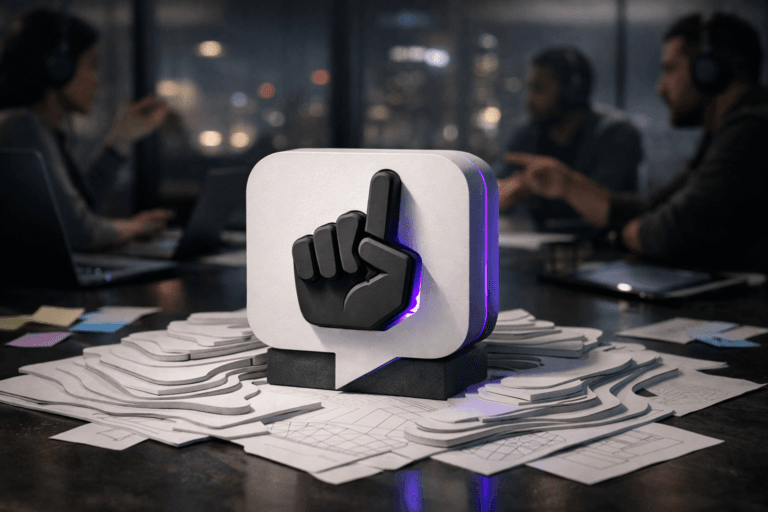 A photorealistic medium-wide cinematic shot, camera positioned approximately 1–2 meters from the subject, capturing a solid 3D isometric sculpture of the official Clubhouse app logo, accurately rendered and clearly readable, as a matte white and charcoal physical object resting on a detailed white paper topographic map made of layered cut sheets on a dark meeting-room table. The Clubhouse logo sculpture integrates subtle electric-purple (#7B63FF) edge accents and faint internal reflections, suggesting intelligence and real-time audio activity without overpowering realism. Set in a tech-noir product-war-room environment inside a modern startup office at night: glass walls revealing a moody city skyline with soft neon and streetlight glow, UX wireframes and sticky notes scattered near the paper topographic model, open laptops and tablets casting cool screen light. In the softly blurred background and periphery, a diverse group of realistic professionals wearing headphones and casual office attire collaborate around the table, gesturing toward the model and screens, their faces neutral and focused, secondary to the hero object. Lighting is low-key and practical, coming from desk lamps, device screens, and a soft integrated white spotlight from above and slightly to the side, gently revealing the form, paper layers, and textures of the Clubhouse logo sculpture and topographic map, with natural shallow-to-medium depth of field and gentle bokeh. Cinematic realism, 50mm lens look, neutral corporate tones with restrained electric-purple accents, premium materials, ultra-detailed, 8K, no text, no captions, no watermarks.