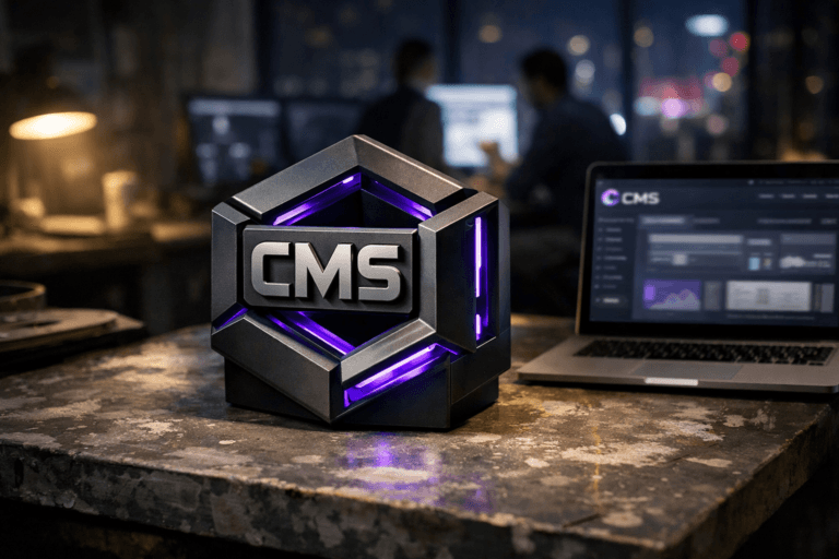A photorealistic medium-wide cinematic shot, camera positioned approximately 1–2 meters from the subject, capturing a solid 3D isometric sculpture of the CMS brand logo as the hero object, crafted from matte dark metal and glass, resting on a gray ceramic worktable smeared with dried clay, the CMS logo clearly visible on its front face and subtly repeated on a nearby laptop screen showing a blurred CMS dashboard, all elements crisp and readable within a realistic environment. The object integrates subtle electric-purple #7B63FF accents along its edges and internal reflections, suggesting intelligence and activity without overpowering realism. Set in a tech-noir digital marketing and product studio at night, where the clay-stained ceramic table sits in the foreground and, in the background, softly blurred UX and marketing professionals collaborate around screens displaying analytics and content layouts, neon-tinted city lights filtering in through a large window and reflecting on glass surfaces. Lighting is low-key and practical, coming from monitors, desk lamps, and a distant window glow, complemented by a soft integrated white spotlight from the side that gently reveals the logo sculpture’s form, the rough texture of the ceramic table, and subtle clay residue, with natural shadows adding depth. Cinematic realism, natural shallow-to-medium depth of field, neutral corporate color palette with restrained electric-purple neon accents, premium materials, ultra-detailed, 8K, no captions, no text overlays, no watermarks, no legible UI text except the CMS logo.
