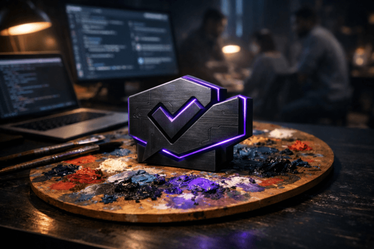 A photorealistic medium-wide cinematic shot, camera positioned approximately 1–2 meters from the subject, capturing a small physical 3D isometric sculpture of the “Code Review” brand logo resting on a real wooden artist’s palette smeared with thick, colorful oil paints, the logo rendered as a solid dark brushed-metal form with clean edges, subtle circuitry engravings, and refined electric-purple (#7B63FF) rim lighting, clearly readable as the hero object within the scene. The object integrates subtle electric-purple accents indicating intelligence and digital activity, softly glowing along edges and in fine seams of the logo without overpowering the natural materials of the palette and paint. Set in a dimly lit contemporary software studio at night, tech-noir atmosphere, where the paint-smeared palette lies on a large matte-black workstation desk beside a laptop and external monitor showing softly blurred code and pull request boards; in the background and periphery, a few out-of-focus, diverse software developers in casual-professional clothing collaborate around the desk, standing and sitting, suggesting an ongoing code review session without overshadowing the logo and palette. Lighting is low-key and practical, coming from the laptop screen, a nearby desk lamp with a warm glow, and a faint cool window light, complemented by a soft integrated white spotlight from above and slightly to the side that gently reveals the form, texture, and depth of the logo, palette, paints, and desk surface. Cinematic photographic realism with subtle tech-noir color grading (neutral corporate tones, deep shadows, restrained electric-purple and teal reflections), natural shallow-to-medium depth of field, premium materials, ultra-detailed, 8K, no captions, no text overlays, no watermarks.