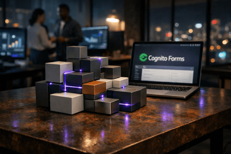A photorealistic medium-wide cinematic shot, camera positioned approximately 1–2 meters from the subject, capturing a carefully organized cluster of real, physical modular building blocks—sleek, matte plastic and brushed-metal cubes and rectangles in muted neutral tones with a few restrained accent colors—precisely interlocking to form a stepped, architectural structure on top of a large oxidized steel plate with controlled rust patterns; a slim laptop just behind and slightly to the side of the structure displays the official Cognito Forms logo and its form-builder interface on screen, the logo clearly visible yet secondary to the modular blocks and overall composition, clearly readable within a realistic environment. The object integrates subtle electric-purple accents indicating intelligence or activity without overpowering realism, with thin electric-purple (#7B63FF) LED-like lines running between some blocks, tiny purple indicator lights at select connection points, and soft purple reflections glancing across the rusted steel surface to suggest smart automation and data flow. Set in a contemporary tech-marketing operations office at night, the oxidized steel tabletop is part of an industrial-style workstation near floor-to-ceiling windows with out-of-focus city lights and neon glows outside; additional monitors in the background show blurred analytics dashboards and campaign performance graphs, while a diverse pair of marketing professionals stand and collaborate in soft focus at neighboring desks, dressed in smart-casual attire with candid, neutral expressions, contributing to a believable, lived-in high-end SaaS workspace with a subtle Tech-Noir atmosphere. Lighting is low-key and practical, complemented by a soft integrated white spotlight from above and slightly to the side, gently revealing the form, texture, and depth of the modular blocks and the oxidized steel plate, with additional cool light from the laptop and monitors and a faint cyan-blue cast from the city outside, creating rich contrast and reflections without harsh glare. Cinematic realism, natural shallow-to-medium depth of field with slight background bokeh, 35mm lens look, premium materials, ultra-detailed, 8K, no captions, no text overlays, no watermarks.