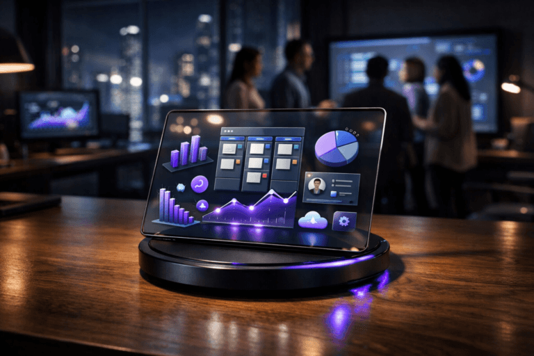 A photorealistic medium-wide cinematic shot, camera positioned approximately 1–2 meters from the subject, capturing a sleek circular black wireless charging base on a modern wooden desk as the hero object, supporting a thin glass-like tablet where contemporary 3D isometric interface design elements are neatly arranged into floating cards, charts, kanban boards and icons against a soft gradient background, all clearly readable and physically grounded within the scene. The object integrates subtle electric-purple (#7B63FF) accents indicating intelligence or activity through a discreet glowing ring around the charger and gentle UI highlights, without overpowering realism. Set in a dimly lit Tech-Noir corporate collaboration space at night, with floor-to-ceiling windows revealing a futuristic city skyline, muted office furniture, and multiple screens showing abstract dashboards; a diverse group of professionals in business-casual attire appears softly out of focus in the background, gathered around a large digital board in candid discussion. Lighting is low-key and practical, coming from desk lamps, monitor glow and the city outside, complemented by a soft integrated white spotlight from above and slightly to the side, gently revealing the form, texture and depth of the charging base, device and desk surface. Cinematic realism, natural depth of field, premium materials, ultra-detailed, 8K, no text overlays, no watermarks.