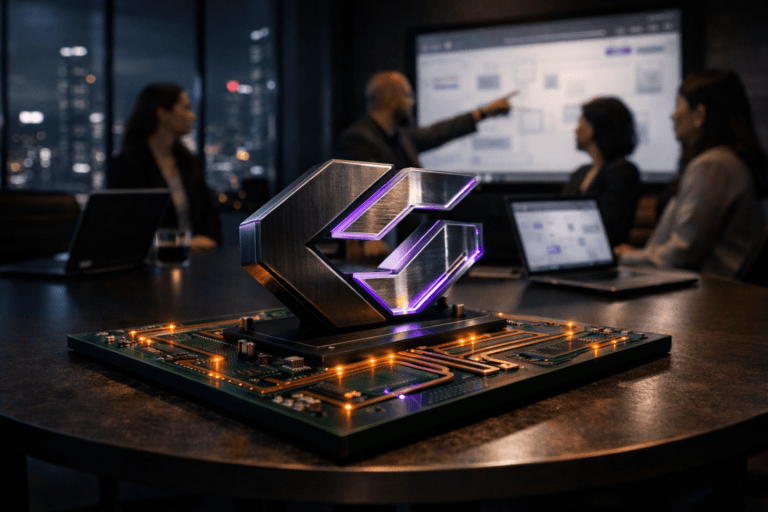 A photorealistic medium-wide cinematic shot, camera positioned approximately 1–2 meters from the subject, capturing a solid 3D isometric sculpture of the “Colaboração” brand logo, in brushed dark metal and glass, physically mounted on a desk-sized green printed circuit board with raised copper traces, resting on a modern round collaboration table, the logo clearly readable yet not dominating the scene, within a realistic environment. The object integrates subtle electric-purple (#7B63FF) accents along the logo edges and gently glowing highlights following the copper circuit traces, indicating intelligence and activity without overpowering realism. Set in a dimly lit, high-end hybrid marketing war-room at night, with floor-to-ceiling glass revealing a futuristic city skyline with restrained neon lights, a large wall display showing a digital whiteboard interface with abstract widgets and diagrams (no legible text) mirroring on open laptops around the table, and a diverse group of professionals from marketing, product, and technology seated and standing naturally in the background and periphery, engaged in quiet discussion and pointing toward the screen. Lighting is low-key and practical, coming from the wall display, laptop screens, and a few ceiling fixtures, complemented by a soft integrated white spotlight from above and slightly to the side that sculpts the Colaboração logo sculpture and macro PCB surface, revealing fine textures in the metal, glass, and copper. Cinematic realism, 35mm lens look, natural shallow-to-medium depth of field with the hero object in crisp focus and people slightly blurred, neutral corporate color palette with restrained electric-purple accents, premium materials, ultra-detailed, 8K, no captions, no text overlays, no watermarks.