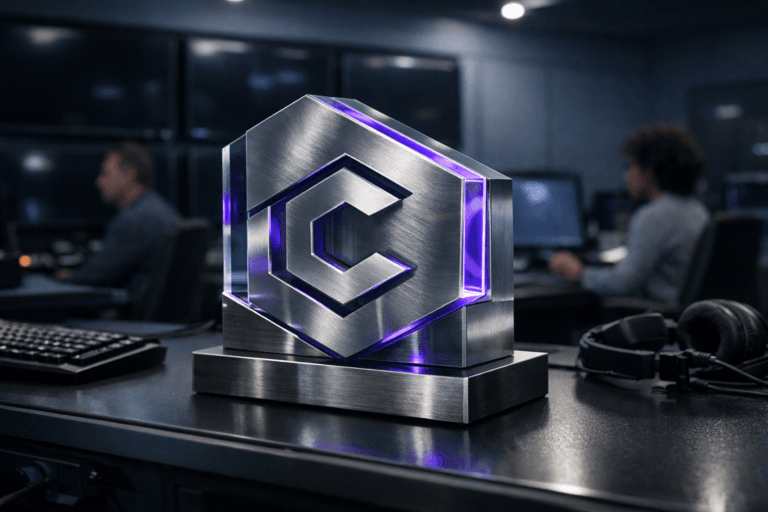 A photorealistic medium-wide cinematic shot, camera positioned approximately 1–2 meters from the subject, capturing a solid physical 3D glass-and-brushed-metal desk sculpture shaped like the Colossyan logo in an isometric-inspired form, resting on a sleek control-room console, the Colossyan logo clearly visible and etched on the front face of the sculpture, clean and premium, clearly readable within a realistic environment. The object integrates subtle electric-purple (#7B63FF) edge accents and faint internal reflections indicating intelligence or activity without overpowering realism. Set in a dim, futuristic corporate control room with rows of large wall-mounted monitors turned off in the background showing dark glossy reflections, cool blue-gray walls and consoles, neatly arranged keyboards and headsets, and hints of cabling and hardware, with a few diverse professionals in business-casual attire working at their stations in the periphery, softly out of focus with candid, neutral expressions. Lighting is low-key and practical, coming from small console indicator lights and distant overhead fixtures, complemented by a soft integrated white spotlight from above and slightly to the side that gently reveals the logo sculpture’s form, texture, and depth, creating subtle specular highlights on the glass and metal. Cinematic realism, natural shallow-to-medium depth of field, 35mm lens look, neutral corporate palette with restrained electric-purple tech-noir accents, premium materials, ultra-detailed, 8K, no captions, no text overlays, no watermarks.