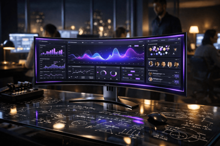 A photorealistic medium-wide cinematic shot, camera positioned approximately 1–2 meters from the subject, capturing an elegant, physical “community management” command console as the refined real-world hero object: a slim, curved ultrawide OLED monitoring screen mounted on a sleek metal stand, resting on a glossy glass desk whose surface is covered with hand-drawn mathematical formulas, data flows and segmentation diagrams in white marker. The screen shows dense but clean social media dashboards with graphs, sentiment waves, notification clusters and profile avatars, accented by subtle electric-purple #7B63FF highlights along the screen edges and key interface elements, indicating intelligence and real-time activity without overpowering realism; no readable UI text. Set in a modern, low-lit social media operations room at night, with floor-to-ceiling windows revealing a softly blurred city skyline and scattered workstations glowing with monitors in the background, creating a sophisticated Tech-Noir atmosphere. Natural human presence appears in the periphery: a diverse group of community managers and analysts in smart-casual attire, softly out of focus, working at their screens, with one social media manager standing behind the glass desk, slightly blurred, observing the hero console. Lighting is low-key and practical, driven by monitor glow, a few warm desk lamps and ambient city light, complemented by a soft integrated white spotlight from above that gently reveals the form, texture and reflections of the glass desk, the written formulas and the premium hardware. Cinematic realism, natural depth of field, neutral corporate tones with restrained electric-purple neon accents, premium materials, ultra-detailed, 8K, no captions, no text overlays, no watermarks.