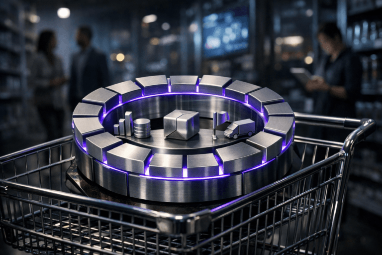 A photorealistic medium-wide cinematic shot, camera positioned approximately 1–2 meters from the subject, capturing a tangible, stylized physical sculpture representing a competitive moat in marketing: a circular fortress-like ring of premium glass and brushed metal blocks arranged in a clean 3D isometric pattern, playful yet sophisticated, sitting securely on the top rack of a chrome wire shopping cart, the sculpted ring subtly enclosing smaller metallic icons that evoke data, brand, product and distribution, clearly readable within a realistic environment. The object integrates subtle electric-purple (#7B63FF) accents along its edges and internal light strips, indicating intelligence and digital activity without overpowering realism. Set in a dimly lit, high-end tech-noir retail environment: a modern supermarket aisle reimagined as a data-driven marketing lab, with tall shelves fading into shadow, cool neutral tones, chrome and glass surfaces, soft reflections of distant analytic dashboards on wall-mounted screens, and hints of city lights through high windows, with natural human presence in the background or periphery — a couple of diverse marketing professionals in smart-casual attire walking past and one person glancing at a tablet near the cart, all slightly out of focus so the sculpture remains the clear hero. Lighting is low-key and practical, coming from overhead aisle fixtures and glowing screens, complemented by a soft integrated white spotlight from above and slightly to the side, gently revealing the form, texture and depth of the moat sculpture and the chrome cart, with realistic shadows and subtle neon reflections. Cinematic realism, 35mm lens look, natural shallow-to-medium depth of field, premium materials, ultra-detailed, 8K, no text, no captions, no watermarks.