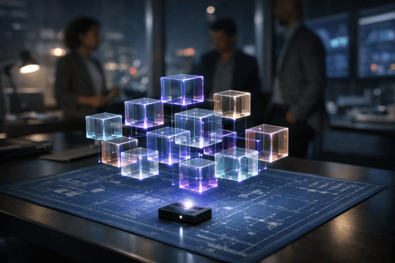 A photorealistic medium-wide cinematic shot, camera positioned approximately 1–2 meters from the subject, capturing a cluster of semi-transparent glass “data cubes” in soft, varied colors, suspended a few centimeters above a large blue technical blueprint sheet spread neatly across a sleek dark desk, the cubes aligning into precise geometric structures like an intelligent 3D data model, with a subtle hint that they are an augmented-reality projection emitted from a small, unobtrusive device on the table, clearly readable within a realistic environment. The object integrates subtle electric-purple (#7B63FF) accents along cube edges and connection lines, indicating intelligence and real-time activity without overpowering realism. Set in a modern corporate tech war room at night, with the desk positioned near a large window revealing a moody city skyline with faint neon reflections, glass walls and screens around the room showing softly blurred analytics dashboards, and a few diverse professionals in business-casual attire in the background and periphery, collaborating and observing the data visualization, slightly out of focus to keep the cubes and blueprint as the hero. Lighting is low-key and practical, coming from computer monitors, a focused desk lamp, and the distant city glow, complemented by a soft integrated white spotlight from above and slightly to the side, gently revealing the form, texture, and depth of the glass cubes, the fine grid lines of the blueprint paper, and the premium materials of the workspace. Cinematic realism, natural shallow-to-medium depth of field, premium materials, ultra-detailed, 8K, neutral corporate color palette with restrained neon accents, no captions, no text overlays, no watermarks.