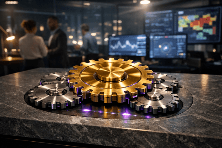 A photorealistic medium-wide cinematic shot, camera positioned approximately 1–2 meters from the subject, capturing a large polished golden master gear mechanism physically interlocked with smaller brushed-steel gears, seamlessly embedded in a matte gray soapstone desktop, clearly readable as a tangible engineering object symbolizing an intelligent compliance control system within a realistic environment. The object integrates subtle electric-purple (#7B63FF) accents along the gear edges and in faint indicator lights beneath the soapstone surface, suggesting data flow and AI-driven activity without overpowering realism. Set in a modern Tech-Noir corporate security and compliance operations room at night, with glass walls, soft reflections, distant city lights outside, and multiple slightly out-of-focus monitors displaying abstract data dashboards and risk heatmaps, while a diverse group of professionals in business-casual attire collaborate naturally in the background and periphery. Lighting is low-key and practical, coming from monitor glow, a desk lamp and ceiling fixtures, complemented by a soft integrated white spotlight from above, gently revealing the form, metallic sheen and fine texture of the gears and stone surface, with subtle shadows adding depth. Cinematic realism, neutral corporate color palette with restrained blue-gray tones and delicate electric-purple accents, natural shallow-to-medium depth of field, premium materials, ultra-detailed, 8K, no text, no captions, no watermarks.