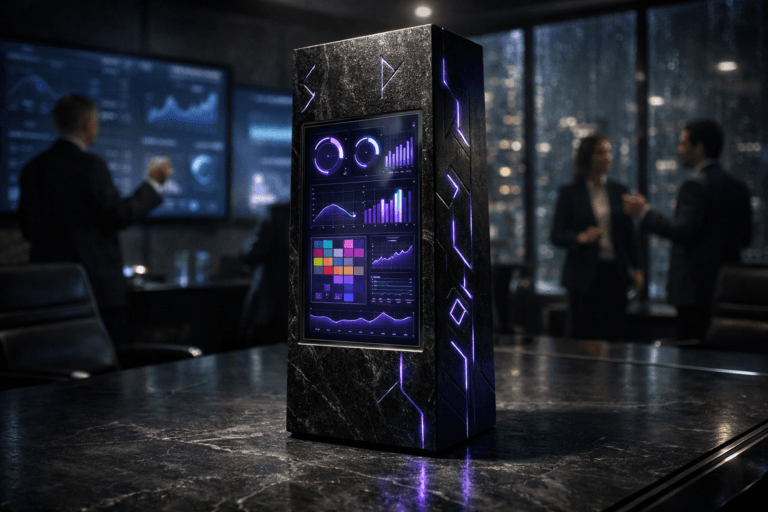A photorealistic medium-wide cinematic shot, camera positioned approximately 1–2 meters from the subject, capturing a tall, polished black stone monolith standing on a natural black slate conference table inside a modern corporate compliance war room, its surface engraved with clean rune-like symbols and thin inlaid light channels that glow softly in electric purple, with an integrated glass panel on one face showing an abstract real-time compliance dashboard of graphs, dials and heatmaps (no readable text), clearly readable within a realistic environment. The object integrates subtle electric-purple accents indicating intelligence or activity without overpowering realism. Set in a dimly lit high-end corporate war room at night, with floor-to-ceiling windows revealing a rainy city skyline, multiple large wall-mounted screens in the background displaying softly blurred data visualizations, and a diverse group of suited professionals in the periphery discussing and gesturing toward the displays, slightly out of focus so the monolith remains the hero object, Tech-Noir mood conveyed through cool neutral greys, deep blacks, metallic details and restrained neon purple reflections on the slate surface. Lighting is low-key and practical, coming from the ambient glow of the wall screens, discrete recessed ceiling fixtures and subtle table-edge LED strips, complemented by a soft integrated white spotlight from above and slightly to the side of the monolith, gently revealing the stone texture, engraved symbols and smooth glass interface, casting a controlled shadow across the slate tabletop and hinting at depth in the room. Cinematic realism, 35mm lens look, natural shallow-to-medium depth of field, premium materials, ultra-detailed, 8K, no text labels, no captions, no watermarks.