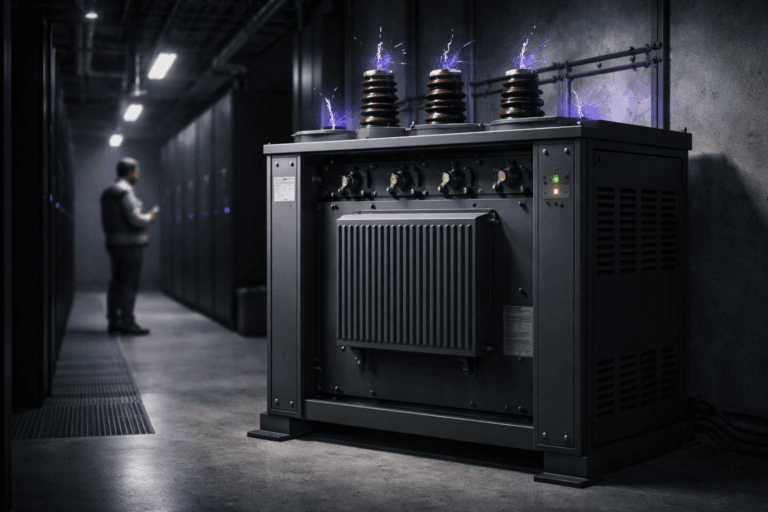 A photorealistic medium-wide cinematic shot, camera positioned approximately 1–2 meters from the subject, capturing an industrial power transformer housed in a matte dark-gray steel electrical cabinet (PDU/transformer-style) as the refined real-world hero object; cabinet shows vents, insulated high-voltage bushings, visible busbar access panel, non-legible safety placards, and subtle surface wear — all details clearly readable within a realistic environment. The transformer hums realistically with restrained, physically plausible corona and tiny static arcs confined to insulator edges and vent gaps, rendered as thin, controlled highlights and fine ionized mist with subtle electric-purple accents (#7B63FF) along vent seams and indicator LEDs to indicate activity without overpowering realism. Set in a cold data-center corridor flanked by matte-black server racks with low LED indicators, raised perforated floor panels, cable trays overhead, and reflective polished concrete — a believable lived-in tech-noir environment. Natural human presence: one data-center technician in the background, standing near a rack and checking a tablet, neutral expression, safety vest and gloves, deliberately out of focus and secondary to the transformer. Lighting is low-key and practical: cool server LEDs and panel indicators, soft integrated white spotlight from above and slightly to the side gently revealing texture and form, subtle rim light to separate the transformer from the racks, and restrained purple rim accents. Color palette: neutral corporate tones (gunmetal, slate, cool steel, desaturated blue) with restrained neon electric purple #7B63FF as the only accent. Camera/framing: medium-wide, 35mm cinematic look, camera ~1.5 meters from subject, transformer occupies ~35–45% of frame, slight off-center composition, natural shallow-to-medium depth of field (sharp on transformer, soft background). Style and render: cinematic photographic realism, premium materials and finishes, ultra-detailed textures (paint, metal grain, insulation porcelain), minimal film grain, photoreal 8K. Constraints: no text overlays, no readable brand names or watermarks, no floating or exaggerated glowing effects, no surreal or impossible electrical discharges — keep all elements physically plausible and production-ready.