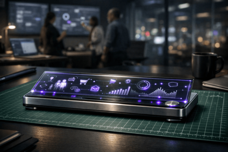 A photorealistic medium-wide cinematic shot, camera positioned approximately 1–2 meters from the subject, capturing a sleek tabletop “consumer behavior control module” as the hero object: a physically plausible glass-and-metal console about the size of a keyboard, resting precisely on a green cutting mat with a crisp white measurement grid, like a designer’s cutting surface. The console’s top is a layered translucent glass slab with finely etched icons of shoppers, price tags, chat bubbles, and omnichannel touchpoints, along with abstract graphs and dials subtly illuminated from within. Edge-lit lines and small indicator details use restrained electric purple #7B63FF accents to suggest real-time consumer analytics and behavioral signals without feeling sci-fi or toy-like. Materials feel premium and solid—brushed metal, optical glass, soft silicone feet—rendered with realistic reflections and micro-texture, the entire object clearly readable and crisply in focus within a believable workspace environment. The object integrates subtle electric-purple accents indicating intelligence or activity without overpowering realism. Set in a modern Tech-Noir marketing war room at night inside a corporate office: the cutting mat and console sit on a large dark workstation desk, with blurred laptops, notebooks, and a coffee mug at the edges of the frame. In the background, out of focus, large wall-mounted screens show soft, indistinct dashboards and customer journey flows, while glass walls reveal hints of a city skyline with muted neon lights and distant traffic glow. A diverse group of marketing and product professionals move and collaborate in the periphery—standing, pointing at screens, or seated in discussion—kept slightly blurred so the hero object remains dominant. Lighting is low-key and practical, coming from overhead office fixtures, the screens, and a desk lamp, complemented by a soft integrated white spotlight from above and slightly to the side, gently revealing the form, edges, and textures of the console, the grid of the cutting mat, and subtle reflections on the desk. Cinematic realism, natural shallow-to-medium depth of field, neutral corporate color palette with restrained electric-purple accents, premium materials, ultra-detailed, 8K, no text overlays, no captions, no watermarks.