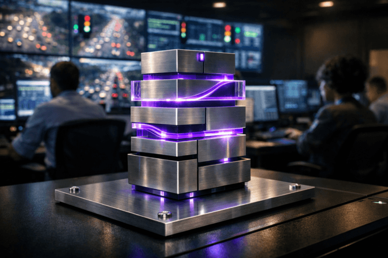 A photorealistic medium-wide cinematic shot, camera positioned approximately 1–2 meters from the subject, capturing a desk-sized physical sculpture that represents edge computing: a sleek, real-world edge-computing gateway transformed into an abstract mini data-center tower made of stacked brushed-aluminum blocks and translucent acrylic layers, with thin electric-purple #7B63FF light traces flowing between segments like data paths, all resting on a rectangular brushed-metal plate with visible industrial screws at each corner, mounted on a matte-black control-console surface, clearly readable within a realistic environment. The object integrates subtle electric-purple accents indicating intelligence or activity without overpowering realism. Set in a dimly lit Brazilian smart-city traffic control operations room at rush hour, with a panoramic wall of large screens in the background showing live camera feeds of congested urban avenues, dynamic traffic-light overlays and real-time system dashboards, while a few diverse engineers in business-casual attire work at neighboring workstations, partially out of focus, adding candid human presence and scale within a Tech-Noir, data-driven atmosphere. Lighting is low-key and practical, coming from the glow of the wall screens, discreet overhead panels and small console indicator lights, complemented by a soft integrated white spotlight from above and slightly to the side, gently revealing the sculpture’s metallic texture, the brushed metal plate, and subtle reflections on nearby surfaces, with the background falling into a softer blur. Cinematic realism, natural depth of field, premium materials, ultra-detailed, 8K, no captions, no text overlays, no watermarks.