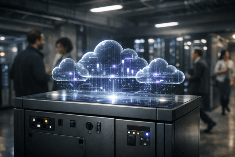 A photorealistic medium-wide cinematic shot, camera positioned approximately 1–2 meters from the subject, capturing a waist-high industrial gray electrical distribution cabinet transformed into a sleek cloud-computing control hub, its upper surface projecting semi-translucent glass-like data clouds as a realistic holographic interface, with precise luminous particles and fine circuitry details clearly readable within a realistic environment. The object integrates subtle electric-purple (#7B63FF) accents indicating intelligence or activity without overpowering realism. Set in a moody modern industrial control room that blends a data center corridor and corporate operations space, with exposed conduits, soft overhead fixtures, distant server racks behind glass, and a few blurred, diverse professionals in business-casual attire moving and collaborating naturally in the background and periphery. Lighting is low-key and practical, coming from ceiling fixtures, indicator LEDs, and the holographic projection, complemented by a soft integrated white spotlight from above or the side, gently revealing form, texture, and depth. Cinematic photographic realism with subtle tech-noir atmosphere, natural shallow-to-medium depth of field, premium materials, ultra-detailed, 8K, neutral corporate color palette with restrained neon accents and subtle reflections, no captions, no text overlays, no watermarks, no recognizable brand logos.