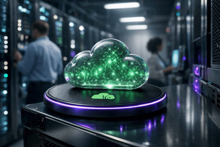 A photorealistic medium-wide cinematic shot, camera positioned approximately 1–2 meters from the subject, capturing a sleek circular black wireless charging pad resting on the edge of a glossy server rack, supporting a semi-translucent glass cloud-shaped sculpture filled with softly glowing green data-like particles, a subtle ring of electric-purple (#7B63FF) light tracing the rim of the pad, and a small generic green cloud sustainability icon printed discreetly on the pad surface, clearly readable within a realistic environment. The object integrates subtle electric-purple accents indicating intelligence or activity without overpowering realism. Set in a modern sustainable data center corridor at night, with tall LED-lit server racks on both sides, cool white and teal ambient lighting, hints of electric-purple reflections on metal surfaces, tidy cable management and visible efficient cooling panels; in the background, a few diverse engineers in smart-casual attire move naturally as they inspect equipment and monitor screens, softly out of focus at the periphery. Lighting is low-key and practical, coming from rack LEDs, monitor screens and overhead fixtures, complemented by a soft integrated white spotlight from above that gently reveals the form, texture and depth of the charging pad and cloud sculpture. Cinematic realism, natural depth of field, premium materials, subtle atmospheric haze, ultra-detailed, 8K, no text, no captions, no watermarks.