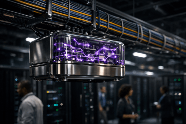 A photorealistic medium-wide cinematic shot, camera positioned approximately 1–2 meters from the subject, capturing a sleek real-world quantum computing core as the hero object: a polished metallic module the size of a small suitcase, with a transparent upper casing revealing layered superconducting circuits and delicately glowing electric-purple #7B63FF light traces pulsing along its surface, clearly readable and sharply in focus, securely integrated into an overhead cable tray. The tray runs across a futuristic enterprise data center ceiling, filled with meticulously organized, color-coded cables in tight parallel lines, suggesting high-end cable management and hybrid classical–quantum infrastructure. Set in a dark, tech-noir corporate data center environment with long rows of matte-black server racks receding into the background; below the ceiling, a few diverse IT engineers and data center technicians move along the aisles, naturally posed and slightly blurred by depth of field so they remain secondary to the quantum core. Lighting is low-key and grounded in practical sources: cool ambient glow from server LEDs and monitors, subtle reflections along the cable bundles, complemented by a soft integrated white spotlight from the side that gently sculpts the quantum module, revealing its premium materials, textures, and internal details without harsh glare. The overall palette is neutral greys, blacks, and metallic tones with restrained electric-purple and teal neon reflections to create a subtle tech-noir atmosphere, natural shallow-to-medium depth of field, cinematic realism, ultra-detailed, 8K, no captions, no UI, no text overlays, no watermarks.