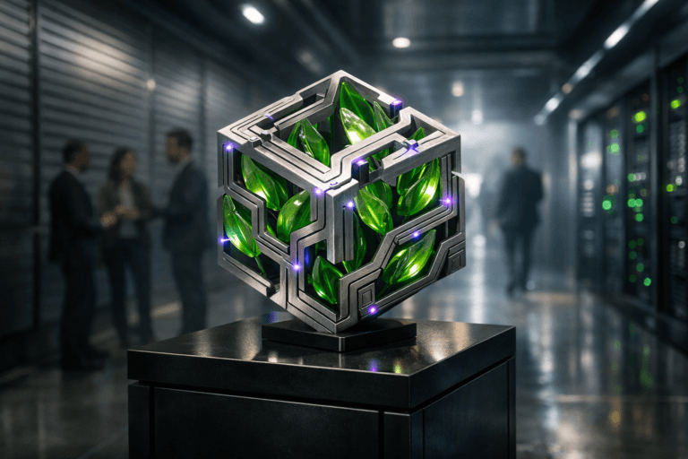 A photorealistic medium-wide cinematic shot, camera positioned approximately 1–2 meters from the subject, capturing a stylized physical “green computing” sculpture placed on a sleek black-metal pedestal: an isometric-inspired 3D cube formed by intertwining brushed-aluminum circuit traces and translucent emerald-glass leaves, clearly readable within a realistic environment. The object integrates subtle electric-purple accents indicating intelligence or activity without overpowering realism. Set in a spotless high-tech metal ventilation tunnel adjacent to a modern data center, walls lined with ribbed steel panels and discrete green status LEDs, with distant server racks and soft atmospheric haze visible through a side window, neutral corporate tones and restrained neon reflections creating a Tech-Noir mood, with natural human presence in the background or periphery, such as diverse, realistic engineers and business stakeholders in smart-casual attire walking or conferring at the far end of the tunnel, softly out of focus. Lighting is low-key and practical, complemented by a soft integrated white spotlight from above or the side gently revealing the sculpture’s form, glass and metal textures, and depth, with additional subtle bounce light from the tunnel surfaces. Cinematic realism, natural depth of field, premium materials, ultra-detailed, 8K, no text, no UI elements, no watermarks.