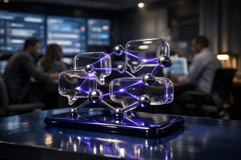 A photorealistic medium-wide cinematic shot, camera positioned approximately 1–2 meters from the subject, capturing a sleek, desk-sized sculptural object representing data-driven communication, made of interconnected translucent glass speech bubbles and polished metallic nodes arranged in an isometric-inspired form, resting on a glossy cobalt-blue glazed ceramic surface, clearly readable within a realistic environment. The object integrates subtle electric-purple (#7B63FF) accents along its inner edges and light traces between nodes, indicating intelligence and live data flow without overpowering realism. Set in a dimly lit corporate command center for communications and analytics, with a wall of large screens showing softly blurred dashboards and messaging feeds, modern neutral-toned office furniture, and a few diverse professionals in business-casual attire collaborating at workstations in the background, candid posture and neutral expressions, slightly out of focus so the sculpture remains the hero. Lighting is low-key and practical, coming from the screens, desk lamps, and a soft integrated white spotlight from above and slightly to the side, gently revealing the sculpture’s glass and metal textures, the reflections on the cobalt ceramic surface, and the depth of the room. Cinematic realism, subtle tech-noir mood, natural shallow-to-medium depth of field, 35mm lens look, premium materials, ultra-detailed, 8K, neutral corporate color palette with restrained neon purple accents, no text, no captions, no watermarks.