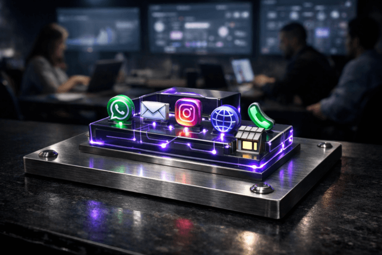 A photorealistic medium-wide cinematic shot, camera positioned approximately 1–2 meters from the subject, capturing a sleek physical 3D isometric sculpture that represents multichannel communication: a premium glass-and-brushed-metal block emerging from a rectangular brushed metal plate with visible industrial screws in each corner, the top surface populated by small, raised, glowing physical icons and nodes symbolizing WhatsApp, email, Instagram, website, phone and physical store, all connected by subtle illuminated circuit-like lines, with soft electric-purple accents indicating data flow and intelligence, all clearly readable and sharply in focus within a realistic environment. The object integrates subtle electric-purple (#7B63FF) edge lighting and indicator glows that suggest activity without overpowering the neutral metallic and graphite tones. Set in a dimly lit Tech-Noir digital marketing war room, with a long desk of premium dark materials, multiple large wall-mounted screens in the background showing out-of-focus dashboards and customer journeys, faint reflections on glass, and a few diverse marketing and support professionals in the periphery, candidly collaborating around laptops and screens but kept slightly out of focus so the sculpture remains the hero. Lighting is low-key and practical, coming from the wall screens, laptops and a discreet overhead spotlight that casts a soft white beam from above and slightly to the side, gently revealing the form, brushed texture of the metal plate, glass reflections and depth of the 3D elements. Cinematic realism, natural shallow-to-medium depth of field, premium materials, subtle tech-noir atmosphere with restrained neon accents, ultra-detailed, 8K, no captions, no text overlays, no watermarks.