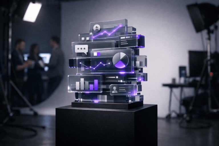 A photorealistic medium-wide cinematic shot, camera positioned approximately 1–2 meters from the subject, capturing a tangible desktop-sized sculpture representing visual communication: a stacked, semi-transparent acrylic totem made of overlapping isometric UI panels, graphs, icons, and typographic blocks, arranged in a clean 3D isometric composition, neutral greys with restrained pops of color, mounted on a matte black pedestal in front of a seamless cyclorama backdrop, clearly readable within a realistic environment. The object integrates subtle electric-purple #7B63FF accents flowing through edges, icons, and data lines, suggesting intelligence and real-time activity without overpowering realism or the neutral corporate palette. Set in a contemporary photography studio with a colored infinity cyclorama, softboxes, light stands, cables, and a couple of large monitors glowing softly in the background, with a small, diverse group of designers and marketers in casual-professional clothing blurred in the periphery as they review layouts on screens, maintaining the sculpture as the primary focal point and adding a subtle Tech-Noir atmosphere through cool shadows and understated neon reflections. Lighting is low-key and practical, coming from studio softboxes, monitor glow, and a soft integrated white spotlight from above and slightly to the side, gently revealing the sculpture’s form, polished acrylic textures, and depth while letting the background fall into a smooth, cinematic blur. Cinematic realism, natural depth of field, premium materials, ultra-detailed, 8K, no text, no captions, no watermarks.
